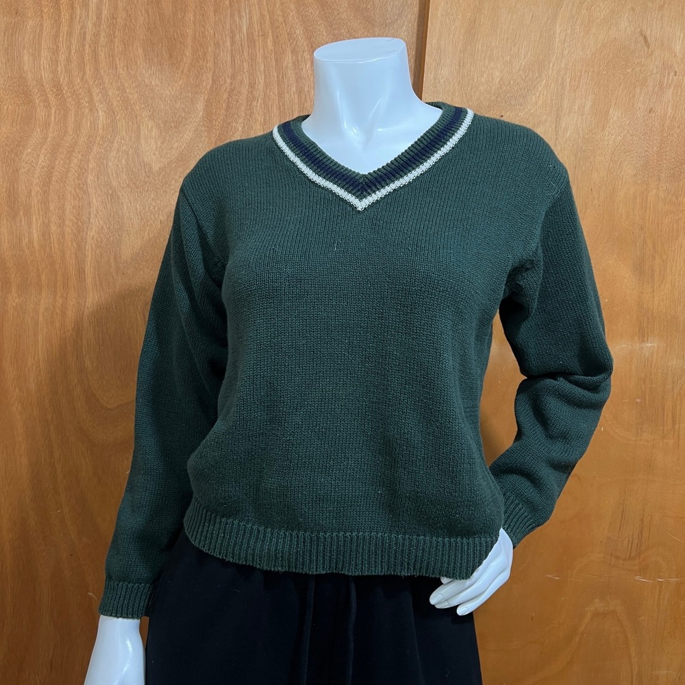 Vintage PAZZO Forest Green V-Neck Cricket Sweater Medium Knit Trim